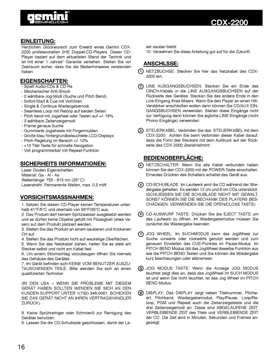 Gemini CDX-2200 Einleitung, Eigenschaften, Sicherheits Informationen, Vorsichtsmassnahmen, Anschlsse, Bedienoberfläche 