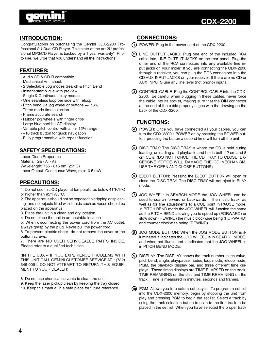 Gemini CDX-2200 manual Introduction, Features, Safety Specifications, Precautions, Connections, Functions 