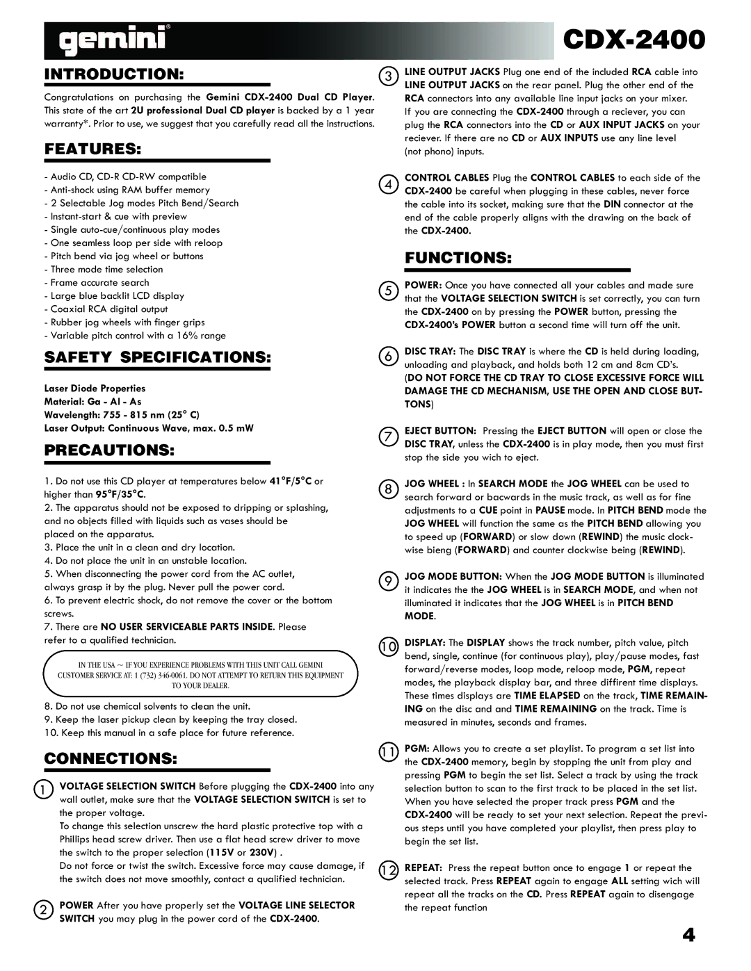 Gemini CDX 2400 manual Introduction, Features, Safety Specifications, Precautions, Connections, Functions 