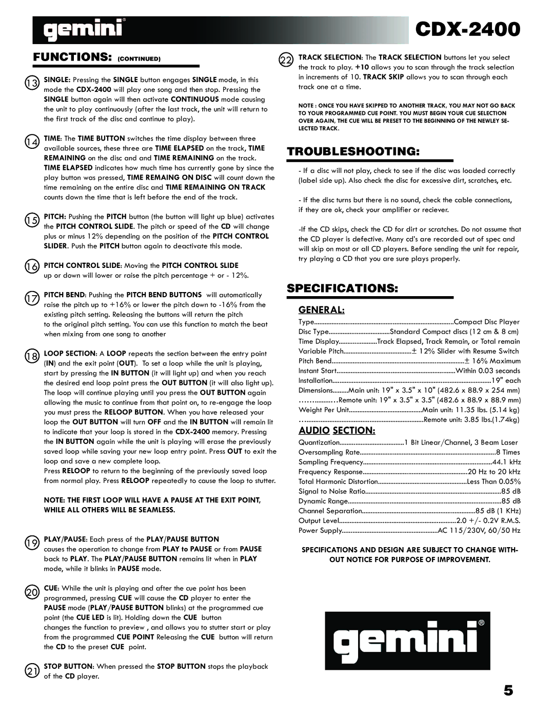 Gemini CDX 2400 manual Troubleshooting, Specifications 