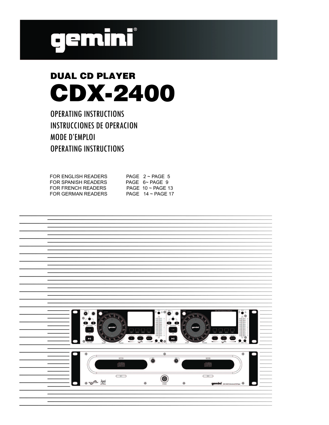 Gemini CDX 2400 manual Dual Cd Player, CDX-2400, Operating Instructions Instrucciones De Operacion 