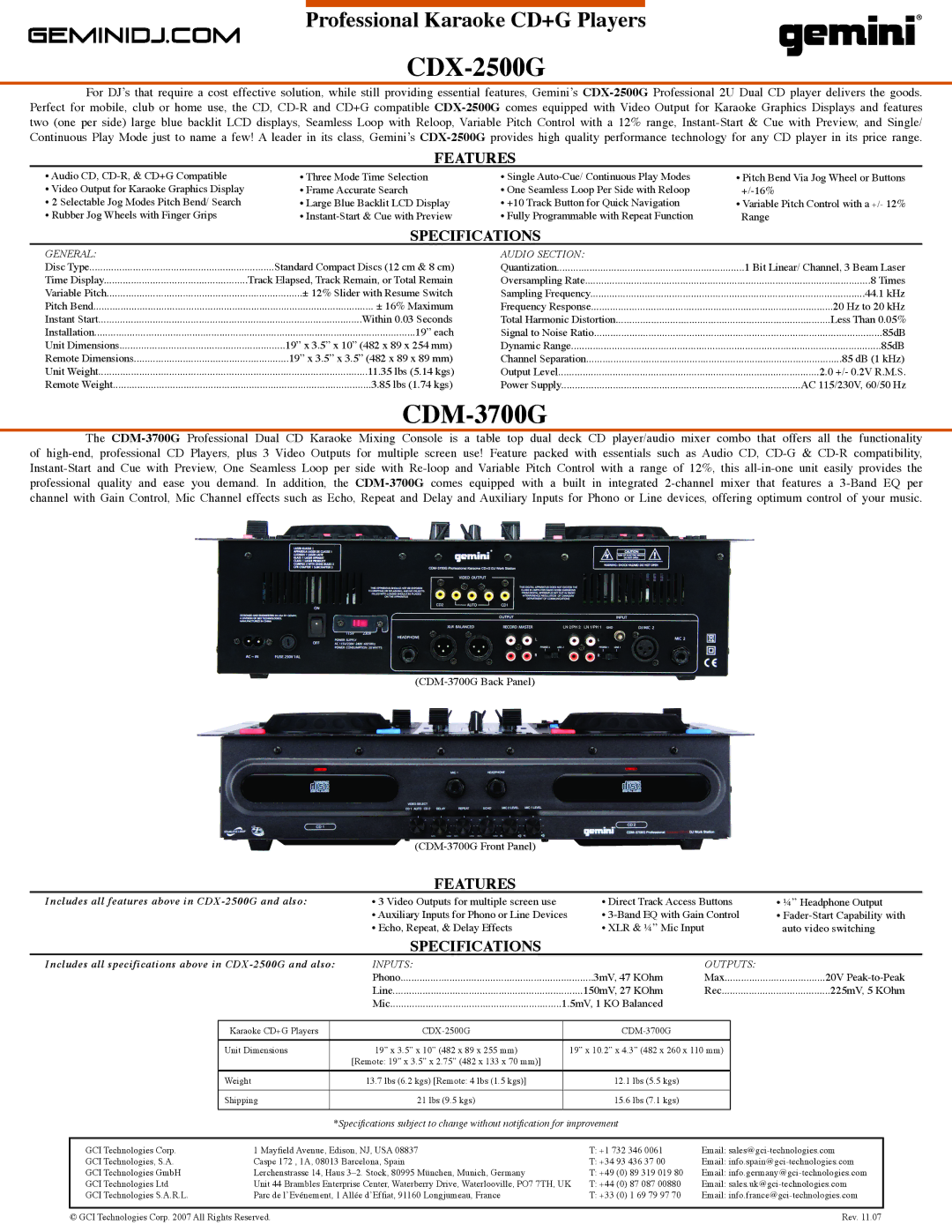 Gemini CDX-2500G manual CDM-3700G, Features, Specifications 