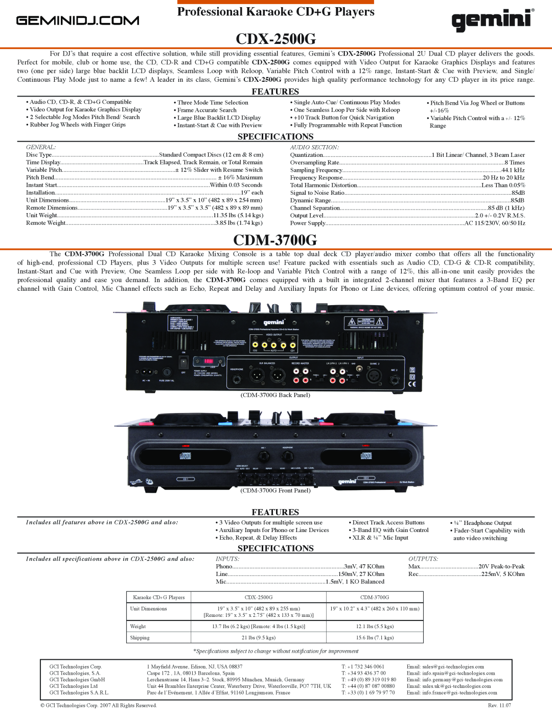 Gemini CDX-2500G manual CDM-3700G, Professional Karaoke CD+G Players, Features, Specifications 