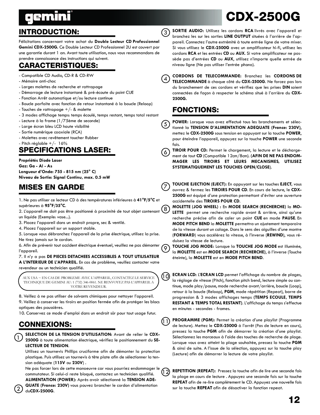 Gemini CDX-2500G manual Caracteristiques, Specifications Laser, Mises EN Garde, Connexions, Fonctions 