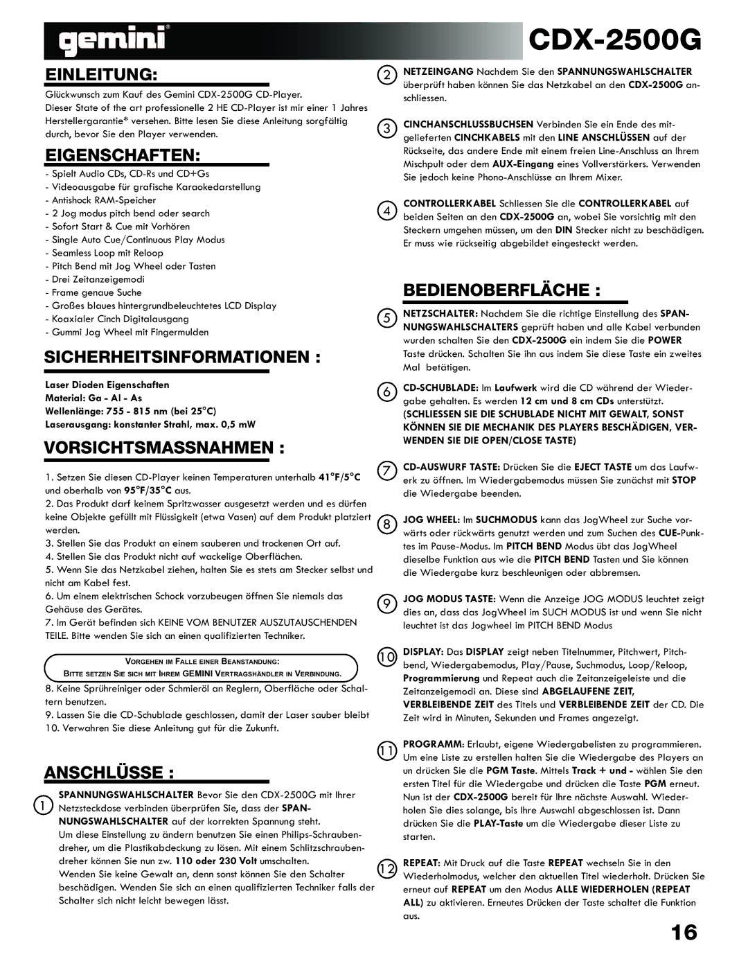 Gemini CDX-2500G Einleitung, Eigenschaften, Sicherheitsinformationen, Vorsichtsmassnahmen, Anschlüsse, Bedienoberfläche 