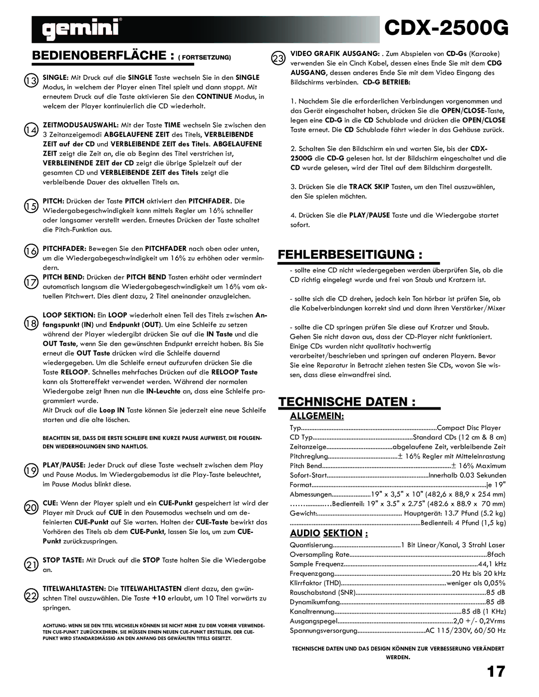 Gemini CDX-2500G manual Bedienoberfläche Fortsetzung, Fehlerbeseitigung, Technische Daten 