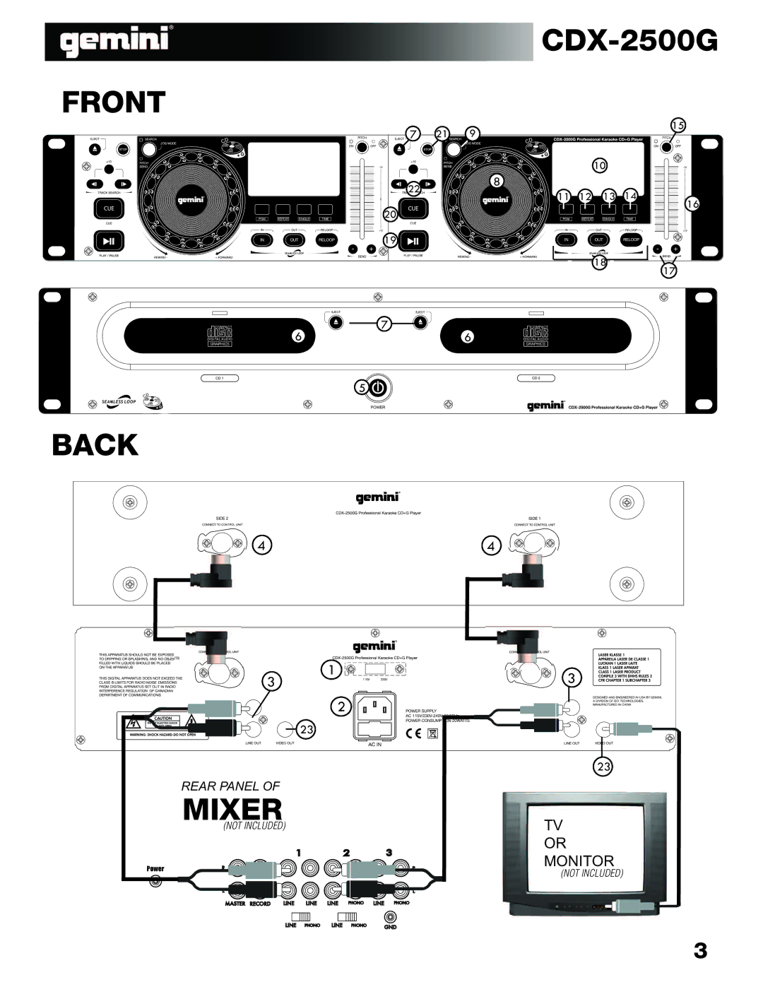 Gemini CDX-2500G manual Front Back 