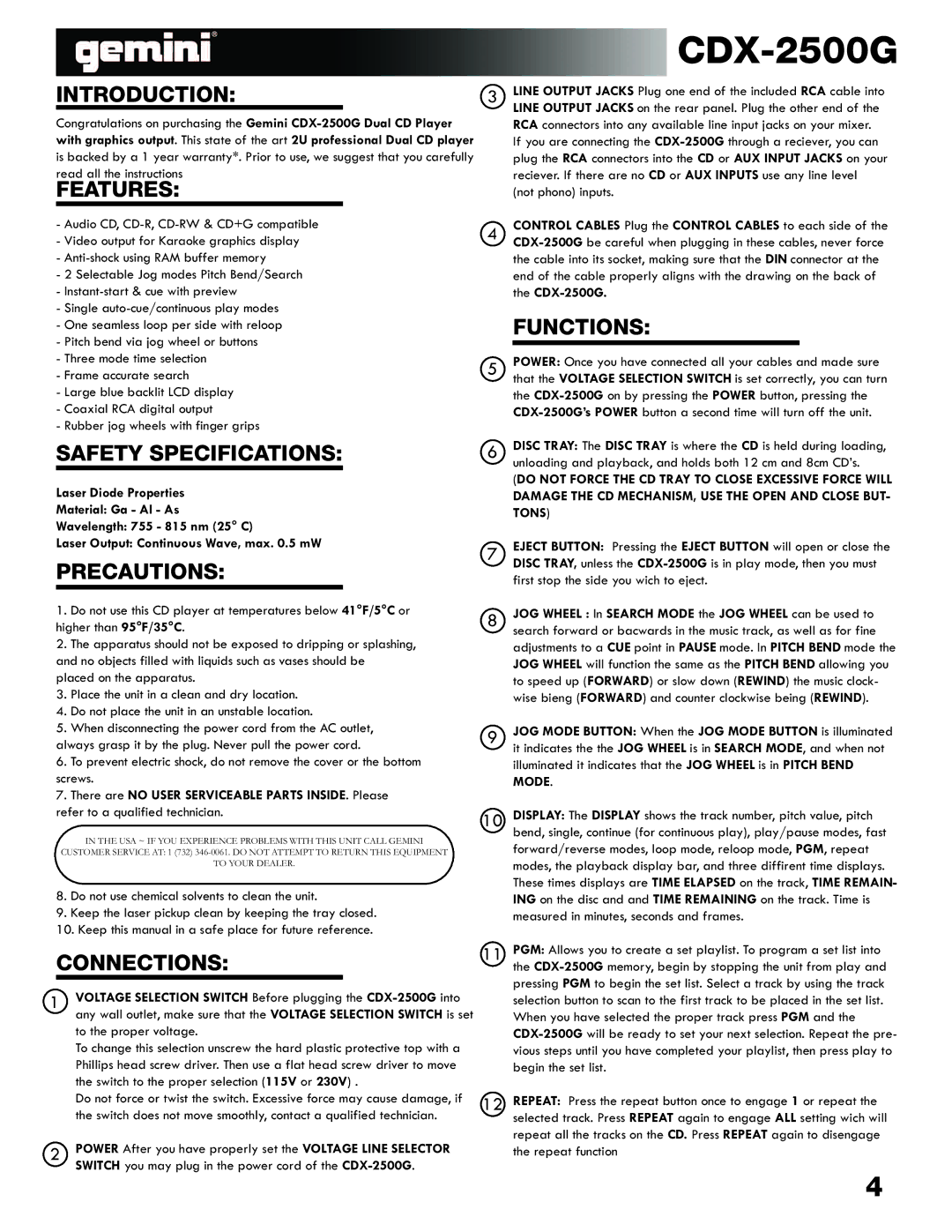 Gemini CDX-2500G manual Introduction, Features, Safety Specifications, Precautions, Connections, Functions 