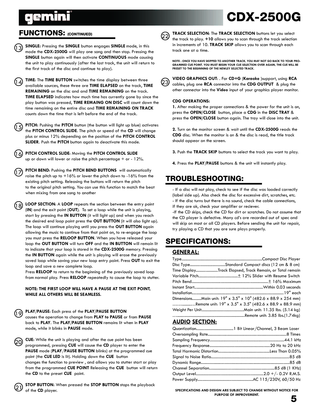 Gemini CDX-2500G manual Troubleshooting, Specifications, CDG Operations 