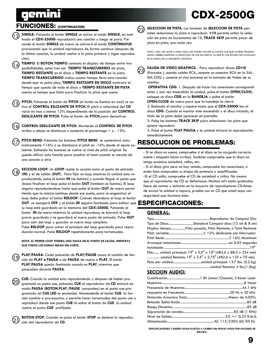 Gemini CDX-2500G manual Resolucion DE Problemas, Especificaciones 