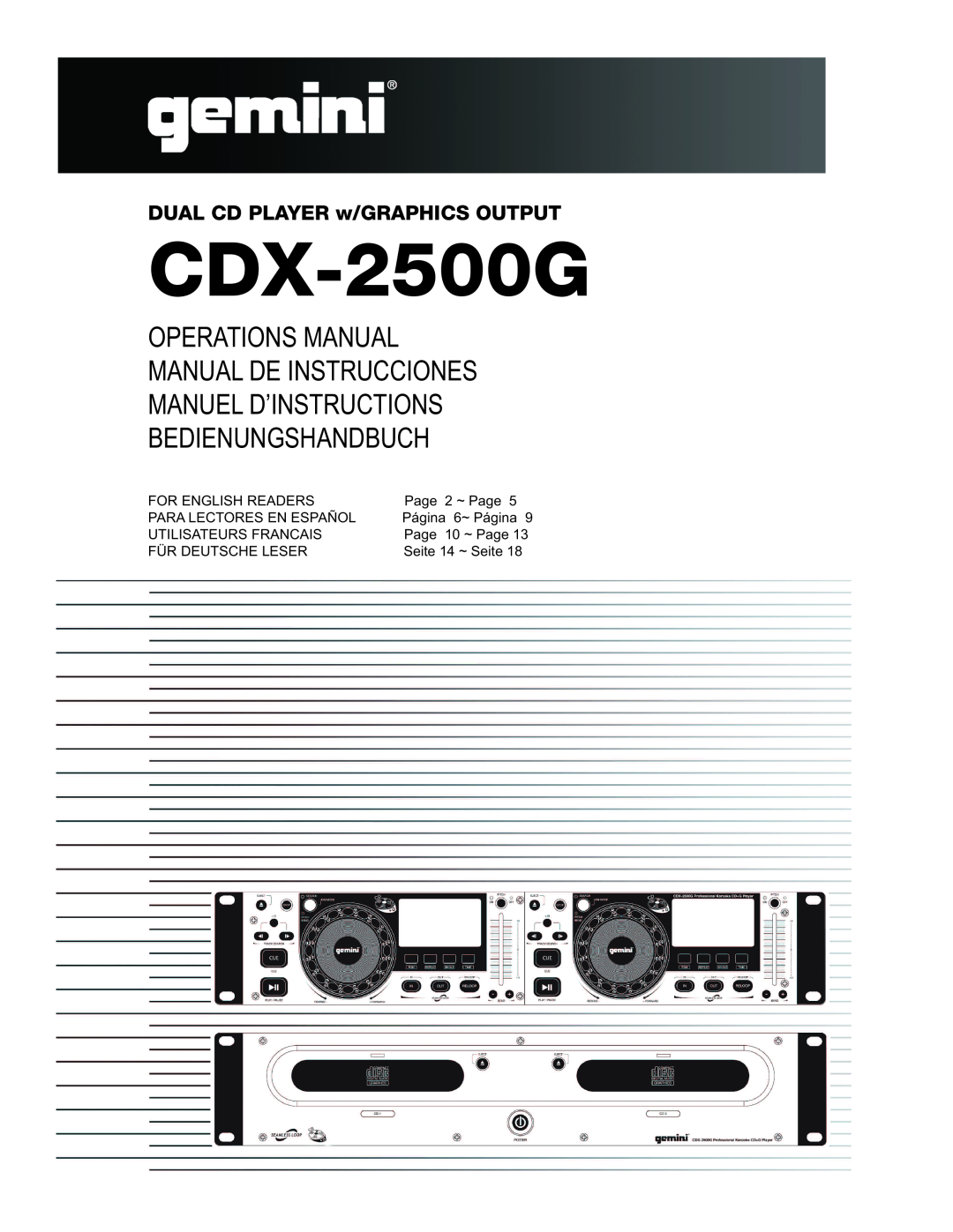 Gemini CDX-2500G manual Operations Manual Manual De Instrucciones, Manuel D’Instructions Bedienungshandbuch 
