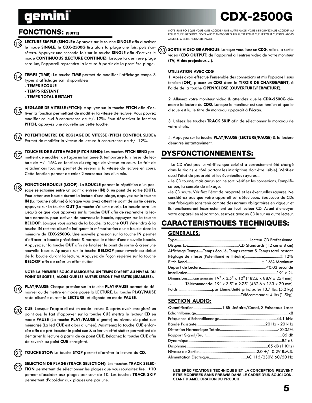 Gemini CDX-2500G manual Fonctions Suite, Caracteristiques Techniques, Dysfonctionnements 