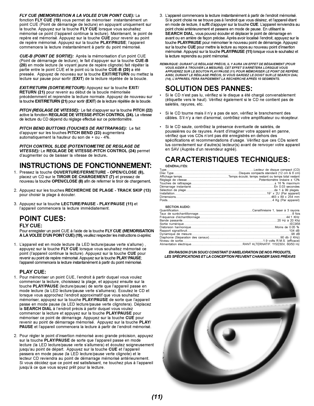 Gemini CDX-402 manual Point Cues, Solution DES Pannes, Caracteristiques Techniques 