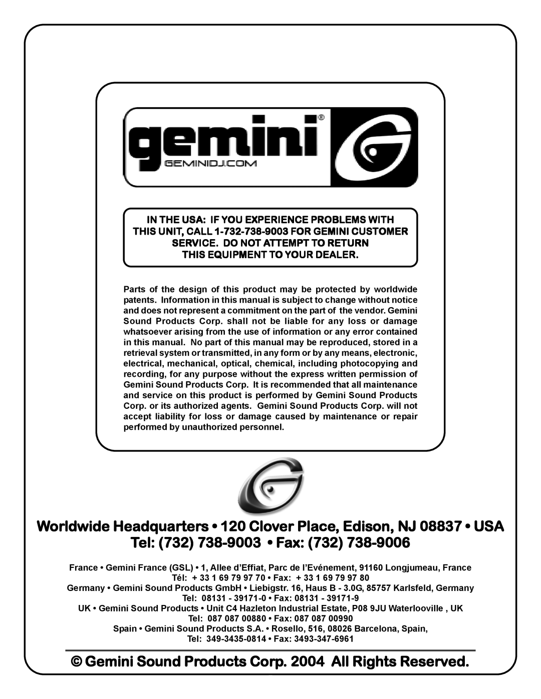 Gemini CDX-402 manual Gemini Sound Products Corp All Rights Reserved 