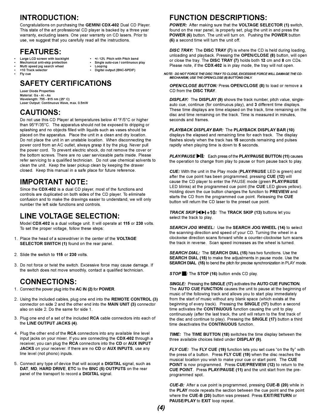 Gemini CDX-402 manual Introduction, Features, Safety Certifications, Important Note, Line Voltage Selection, Connections 