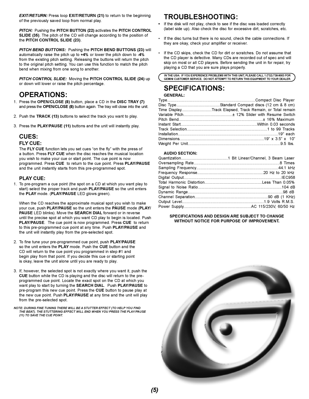 Gemini CDX-402 manual Operations, Troubleshooting, Specifications, General, Audio Section 