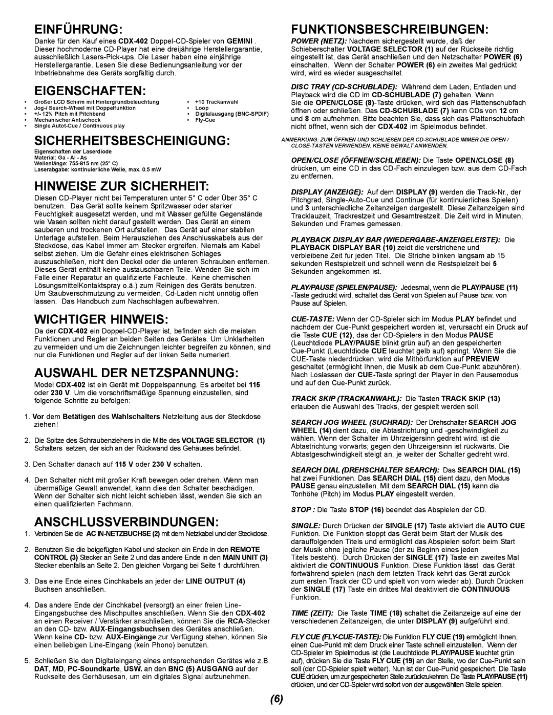 Gemini CDX-402 manual Einführung, Eigenschaften, Sicherheitsbescheinigung, Hinweise ZUR Sicherheit, Wichtiger Hinweis 