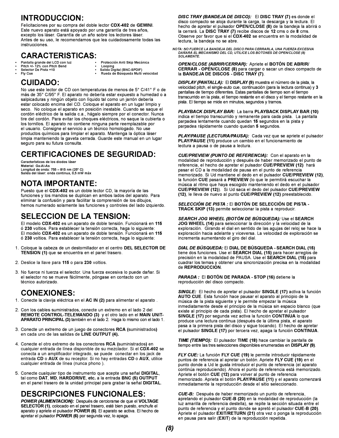 Gemini CDX-402 manual Introduccion, Caracteristicas, Cuidado, Certificaciones DE Seguridad, Nota Importante, Conexiones 