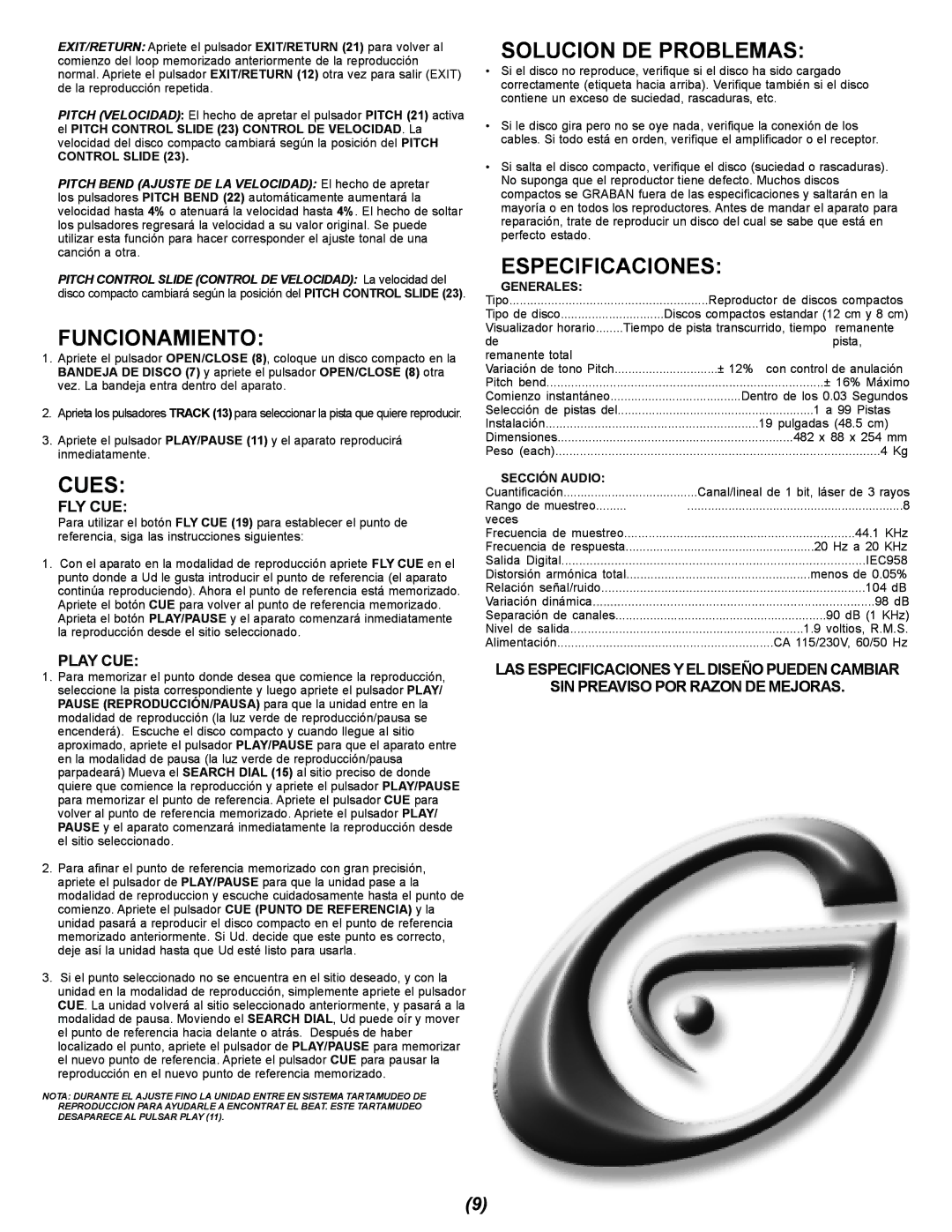 Gemini CDX-402 manual Funcionamiento, Solucion DE Problemas, Especificaciones 