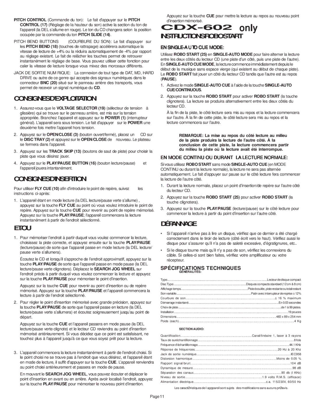 Gemini CDX-602, CDX-601 manual Consignesd’Exploitation, Consignesd’Insertion, Et/Ou, Instructionsrobostart, Dépannage 