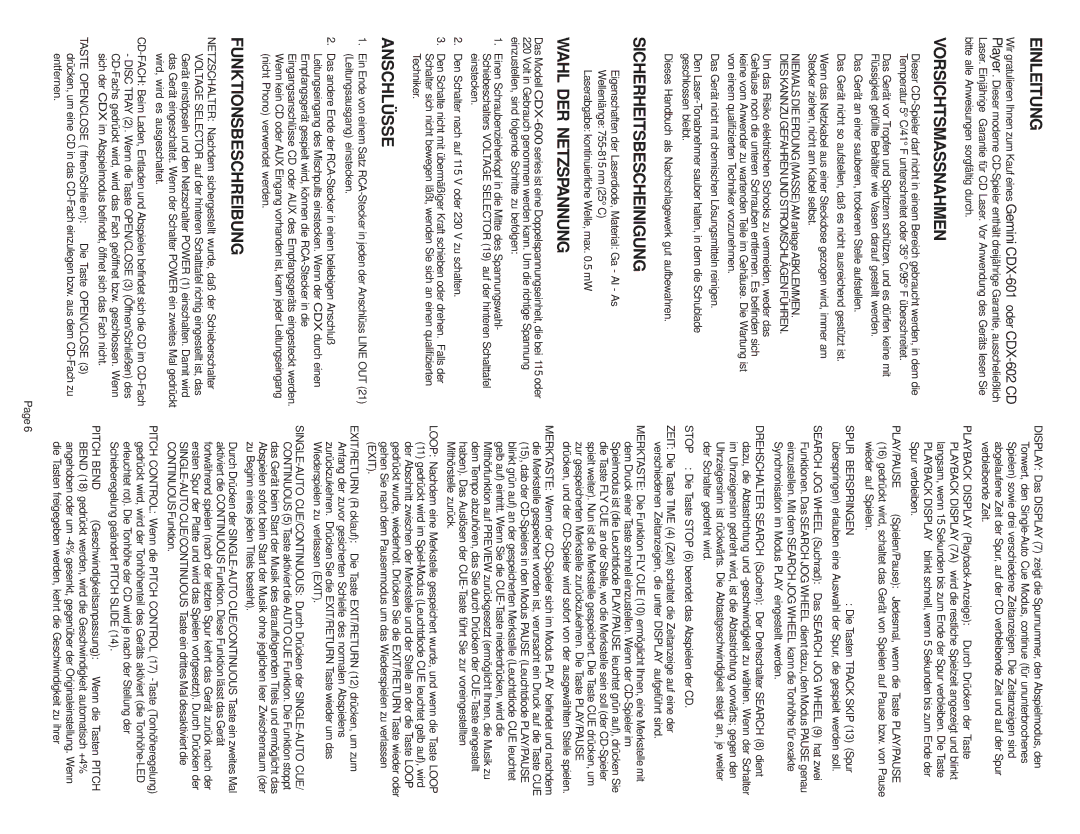 Gemini CDX-601, CDX-602 manual Einleitung, Vorsichtsmassnahmen, Sicherheitsbescheinigung, Wahl DER Netzspannung, Anschlüsse 