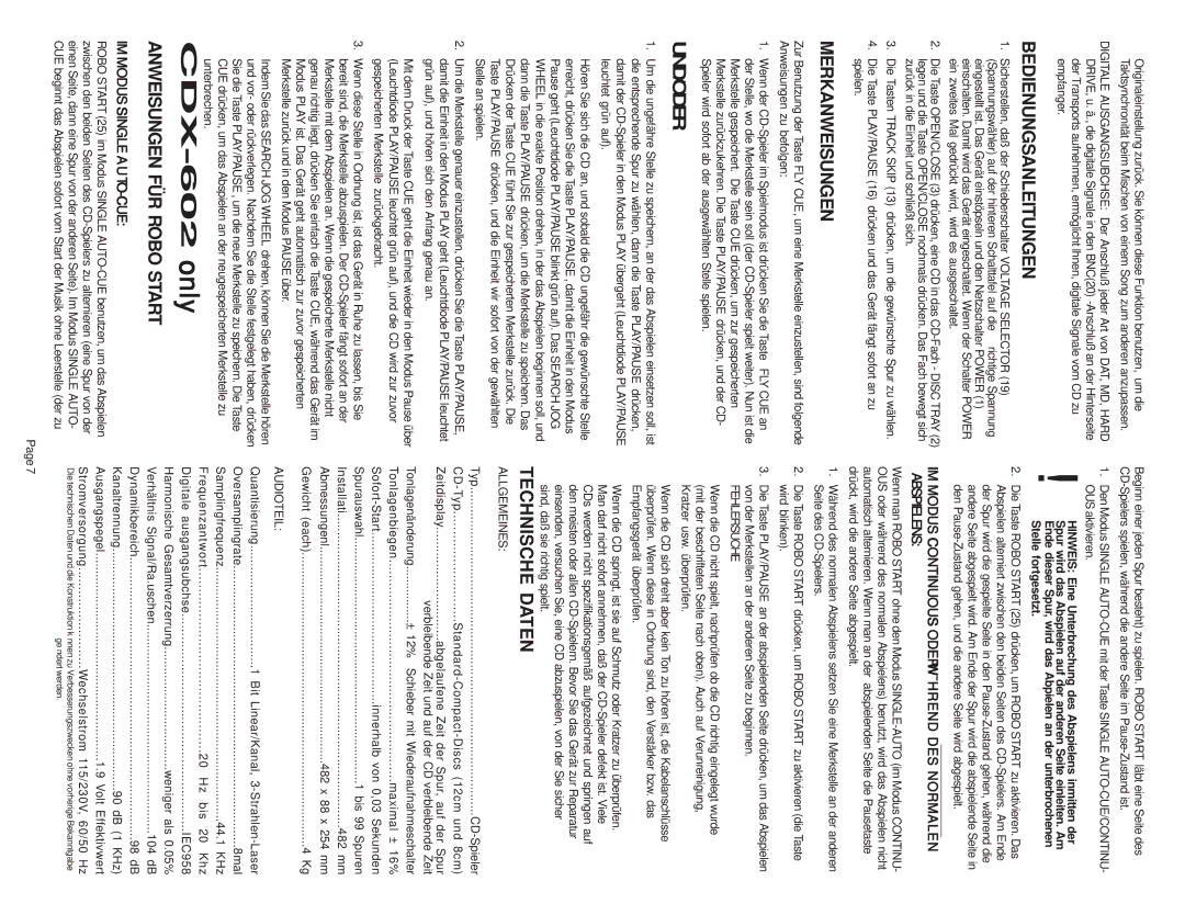 Gemini CDX-602, CDX-601 Bedienungsanleitungen, Merkanweisungen, Und/Oder, Technische Daten, Anweisungen FÜR Robo Start 