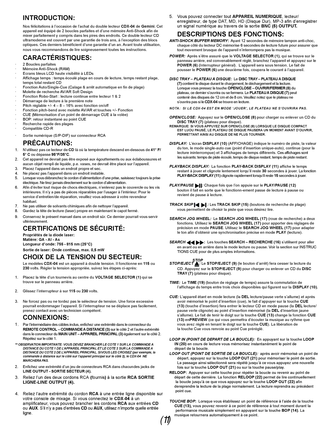 Gemini CDX-O4 manual Introduction, Caractéristiques, Descriptions DES Fonctions, Précautions, Certifications DE Sécurité 