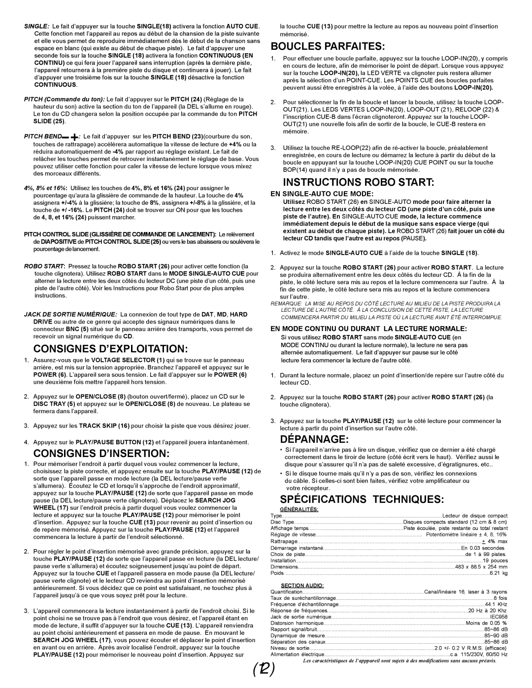 Gemini CDX-O4 manual Consignes D’EXPLOITATION, Consignes D’INSERTION, Boucles Parfaites, Instructions Robo Start, Dépannage 