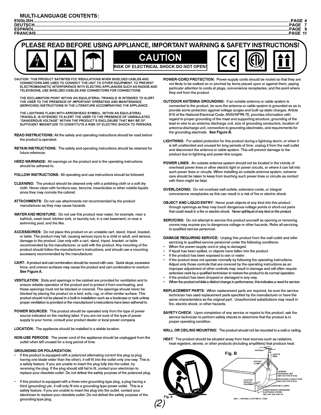 Gemini CDX-O4 manual English Deutsch Español, Risk of Electrical Shock do not Open, Grounding or Polarization 