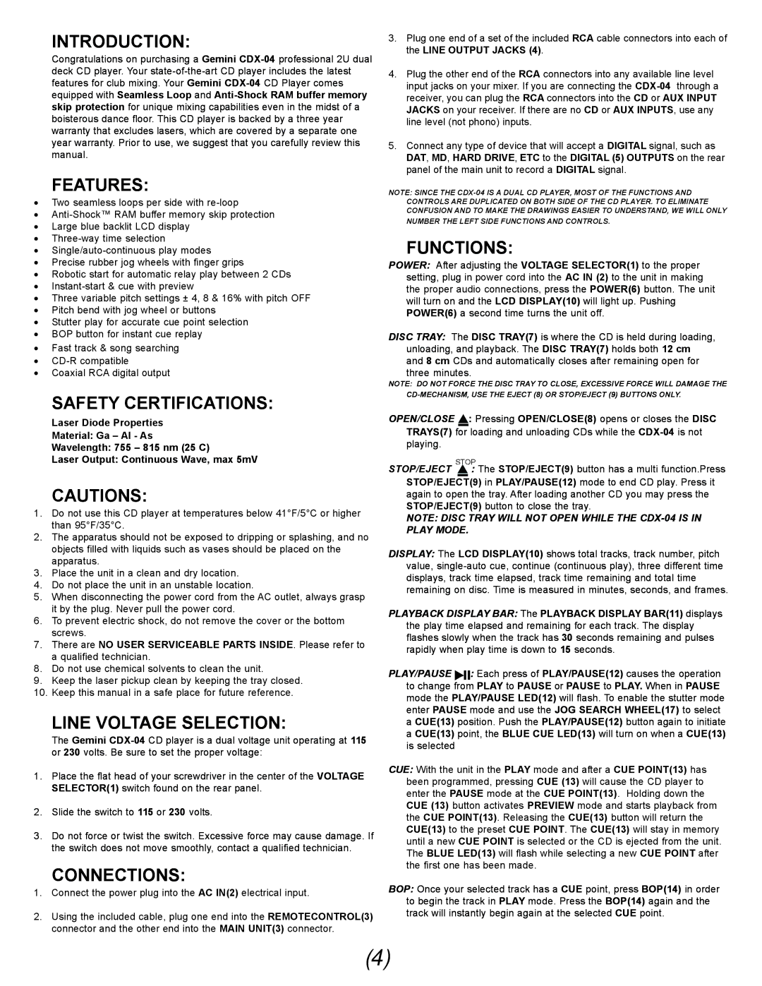 Gemini CDX-O4 manual Introduction, Features, Safety Certifications, Line Voltage Selection, Connections, Functions 