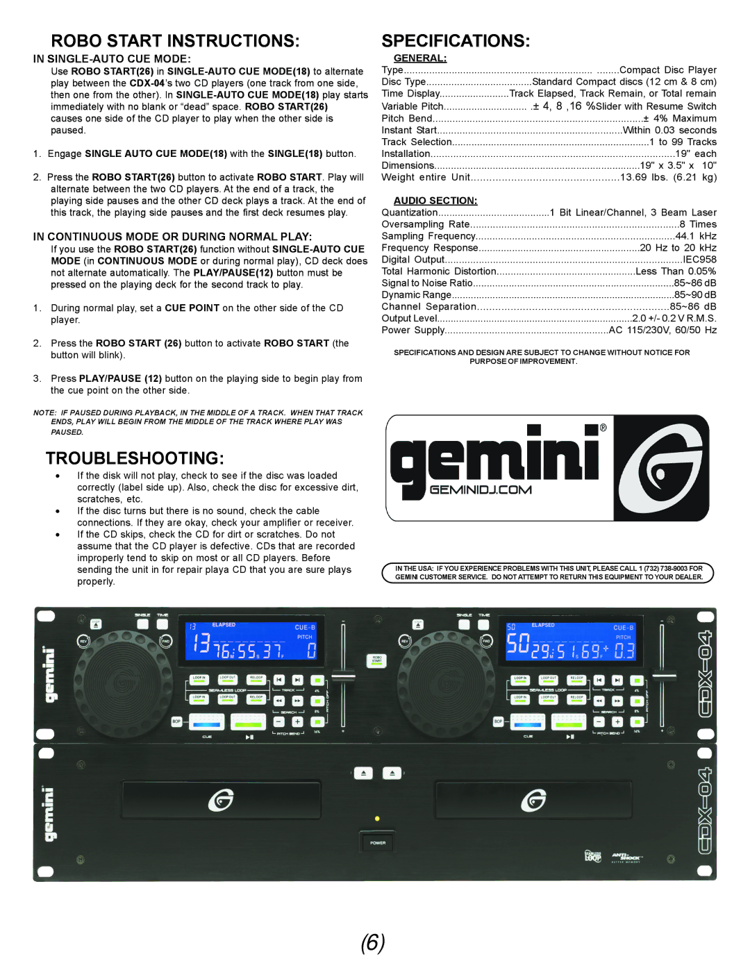 Gemini CDX-O4 manual Robo Start Instructions, Troubleshooting, Specifications, General, Audio Section 