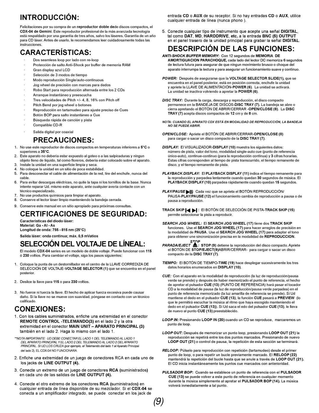 Gemini CDX-O4 Introducción, Características, Precauciones, Certificaciones DE Seguridad, Selección DEL Voltaje DE Líneal 