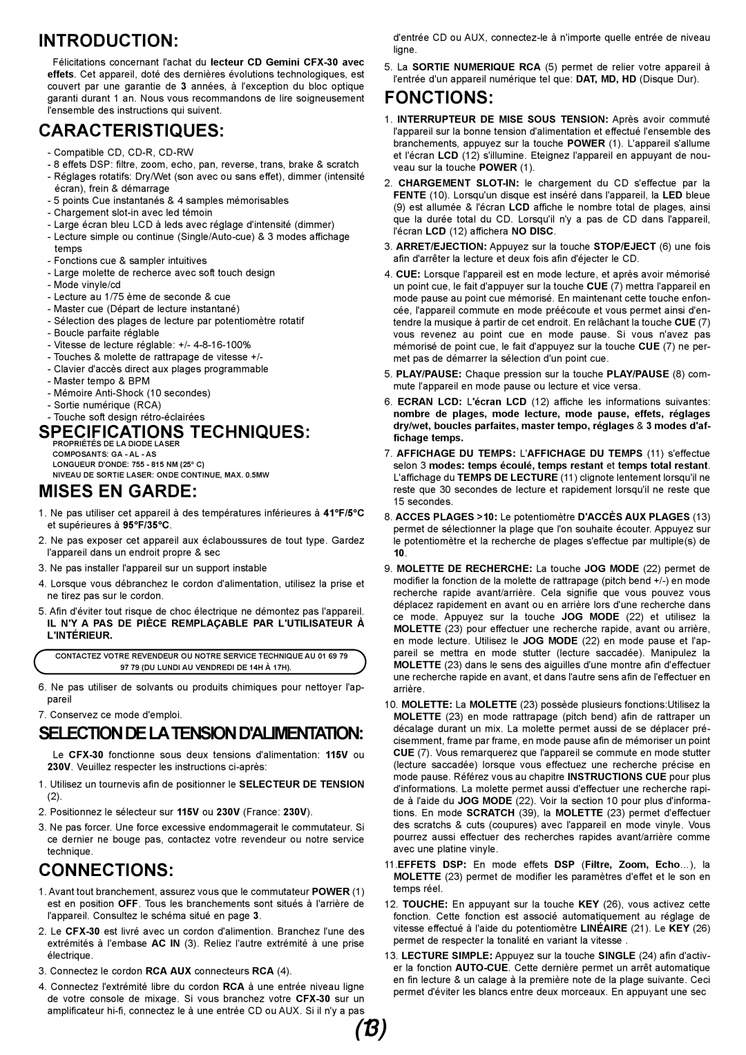 Gemini CFX-30 manual Caracteristiques, Specifications Techniques, Mises En Garde, Fonctions, Introduction, Connections 