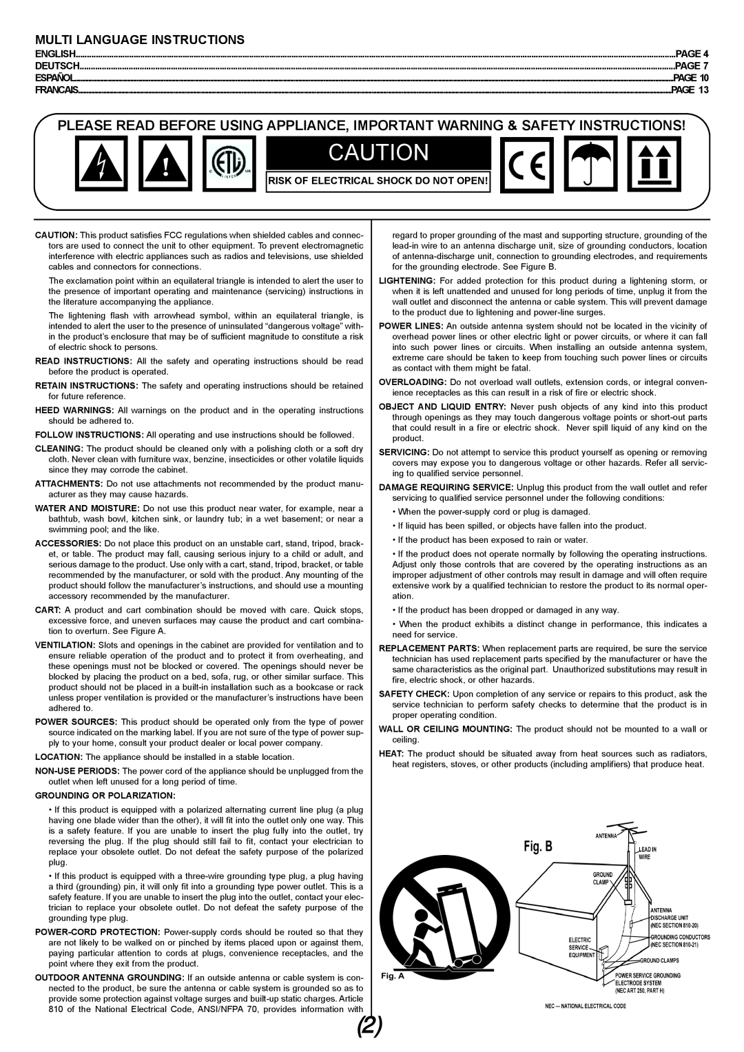 Gemini CFX-30 manual Multi Language Instructions, Page, Risk Of Electrical Shock Do Not Open, Grounding Or Polarization 