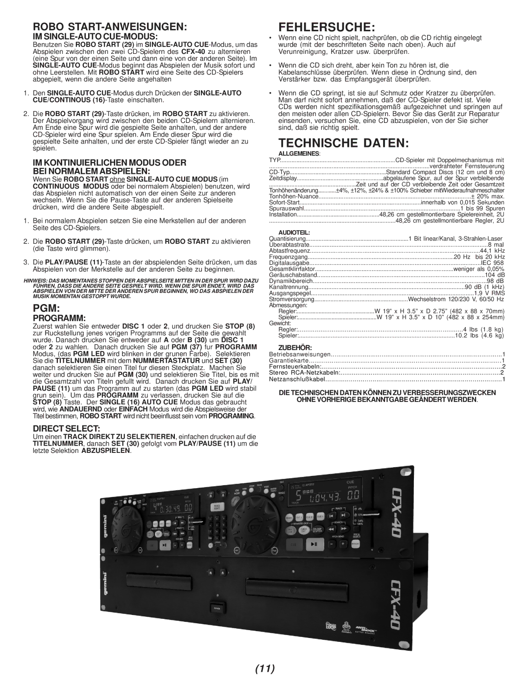 Gemini CFX-40 manual Fehlersuche, Technische Daten, Robo START-ANWEISUNGEN 