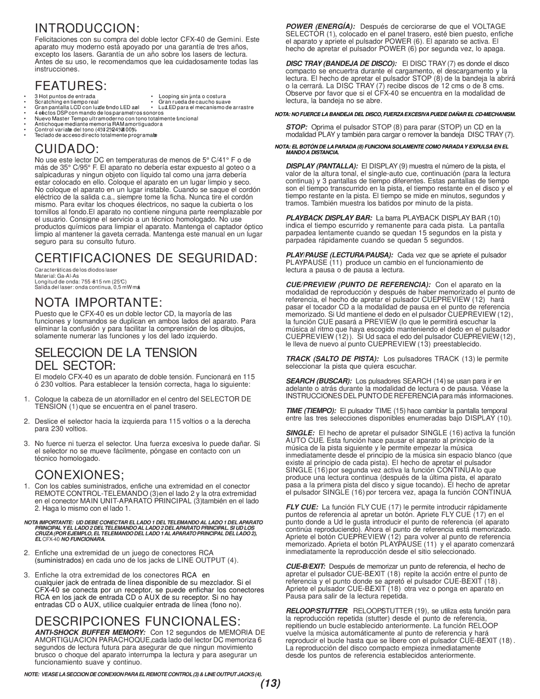 Gemini CFX-40 Introduccion, Cuidado, Certificaciones DE Seguridad, Nota Importante, Seleccion DE LA Tension DEL Sector 