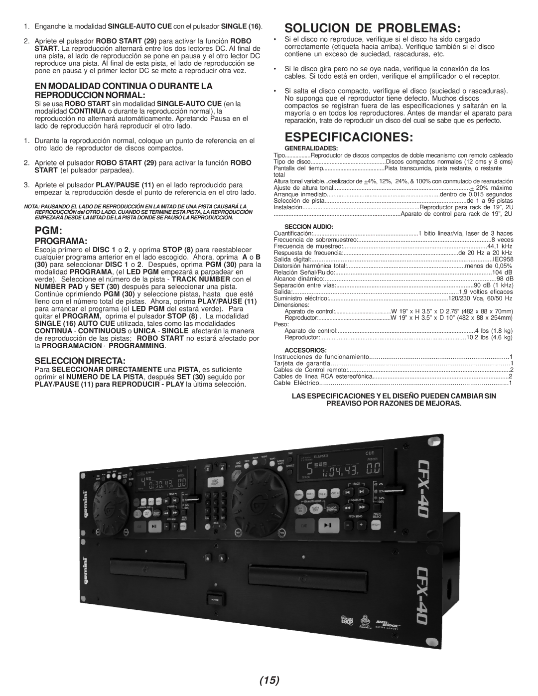 Gemini CFX-40 Solucion DE Problemas, Especificaciones, EN Modalidad Continua O Durante LA Reproduccion Normal, Programa 