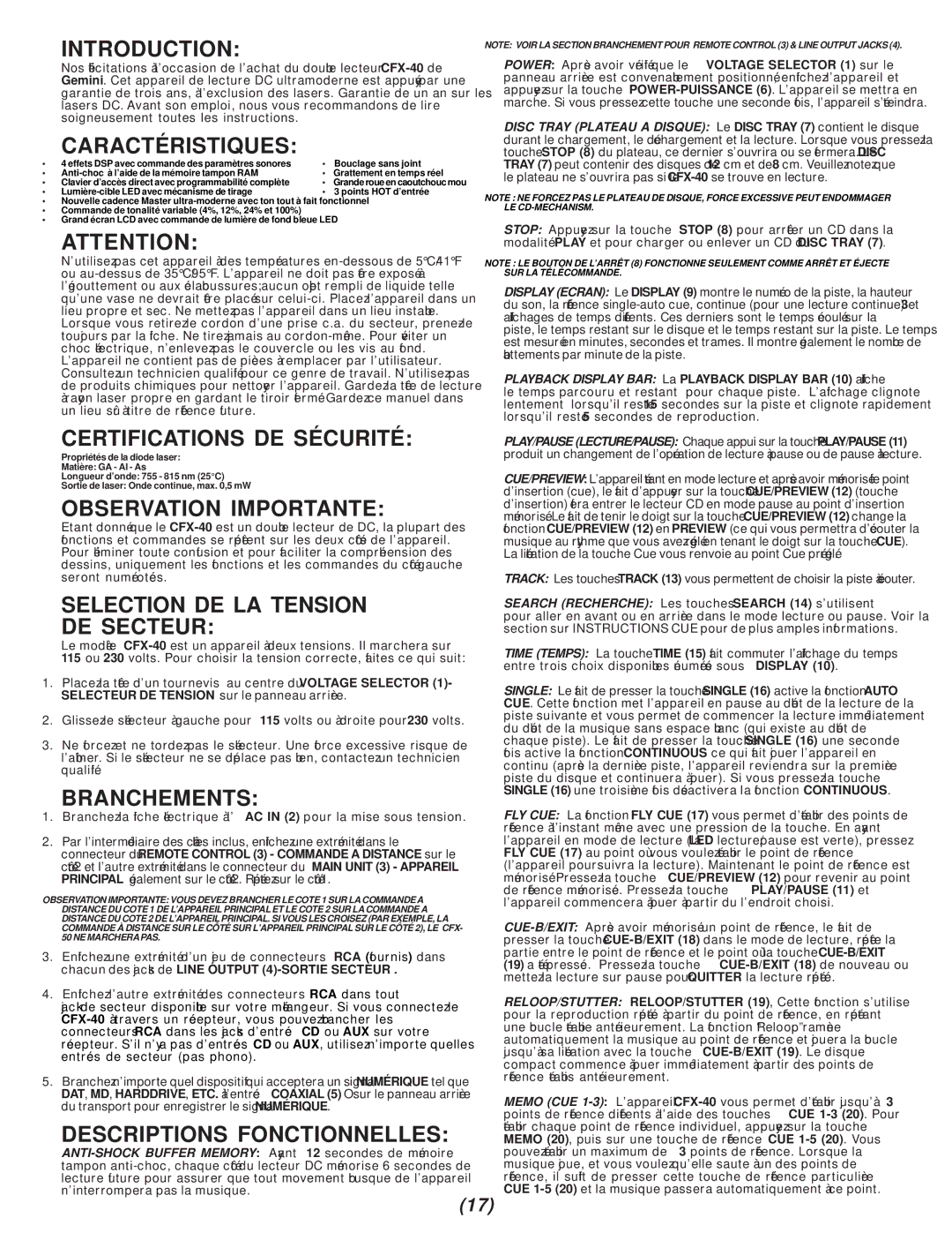 Gemini CFX-40 Caractéristiques, Certifications DE Sécurité, Observation Importante, Selection DE LA Tension DE Secteur 