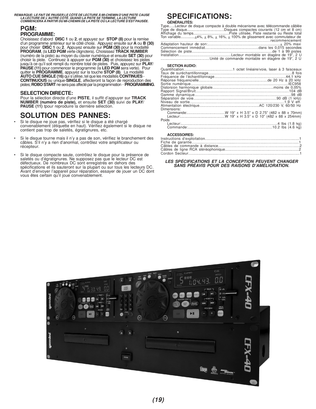 Gemini CFX-40 manual Solution DES Pannes, Programme, Selection Directe 