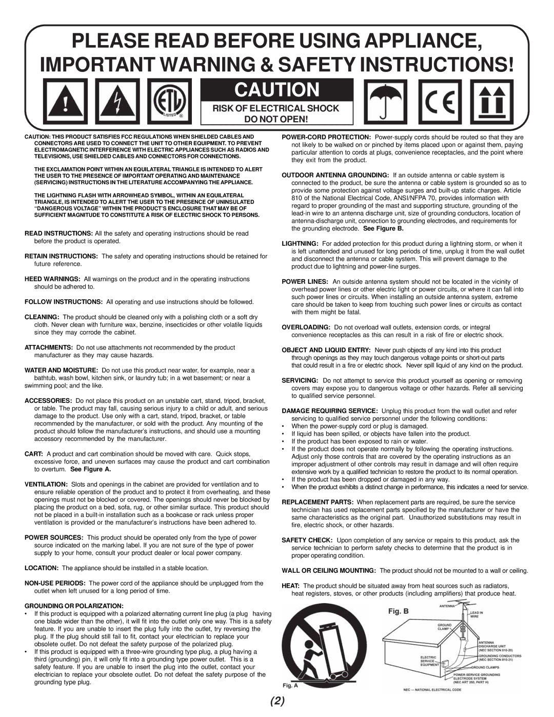 Gemini CFX-40 manual Risk of Electrical Shock Do not Open, Grounding or Polarization 