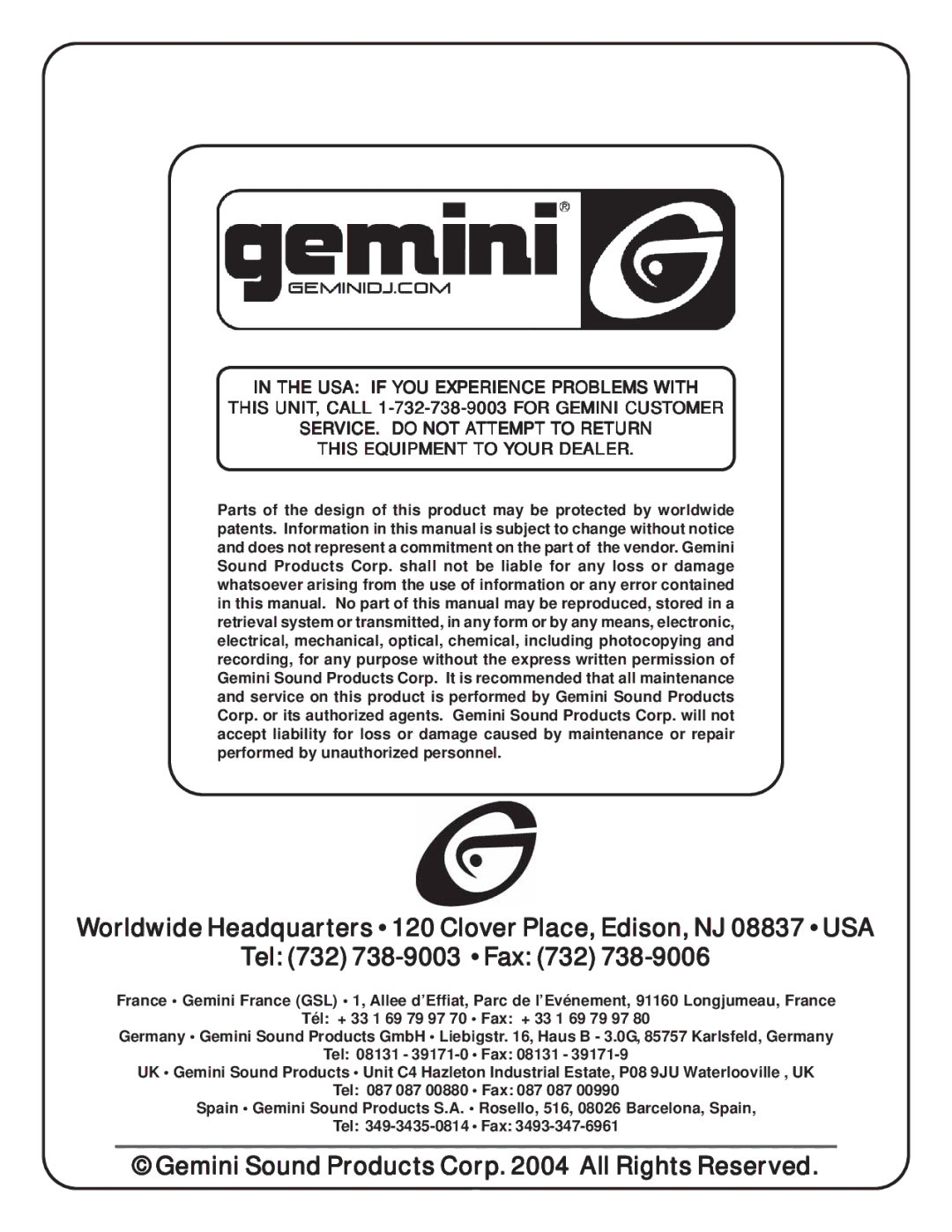 Gemini CFX-40 manual Gemini Sound Products Corp All Rights Reserved 