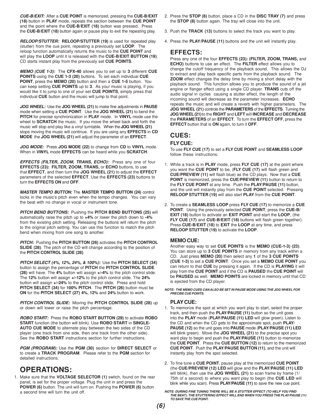 Gemini CFX-40 manual Operations, Effects, Cues 