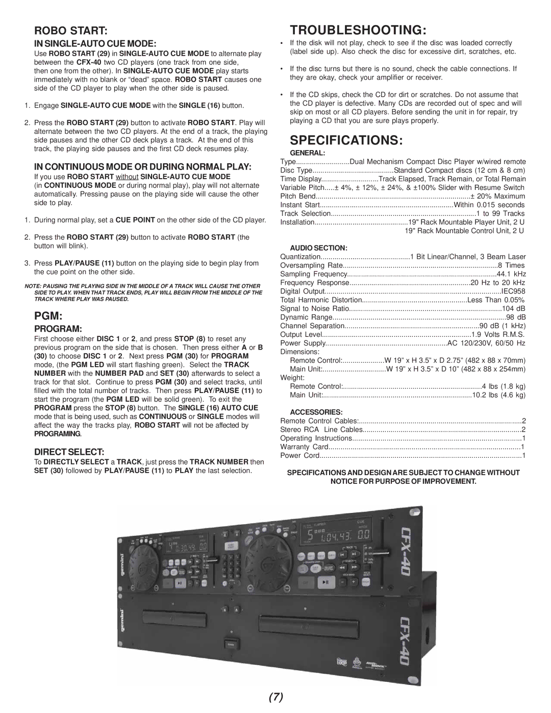 Gemini CFX-40 manual Troubleshooting, Specifications, Robo Start, Pgm 