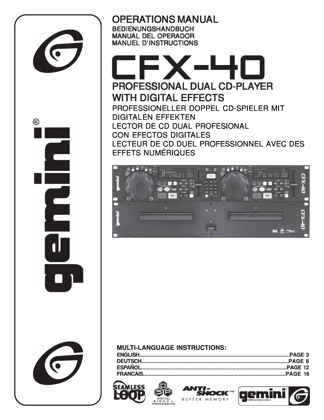 Gemini CFX-40 manual Operations Manual, Professional Dual Cd-Playerwith Digital Effects 