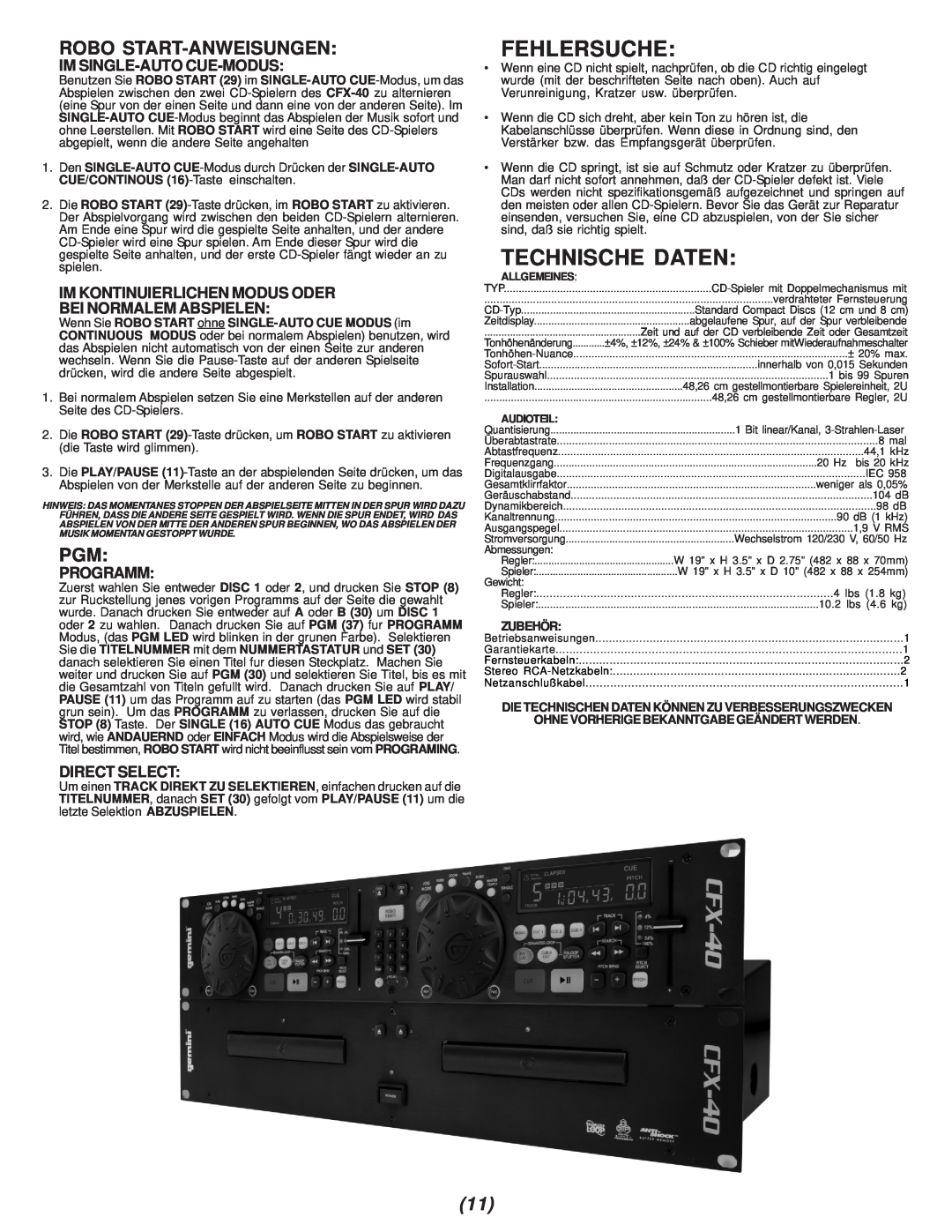 Gemini CFX-40 manual Fehlersuche, Technische Daten, Robo Start-Anweisungen 