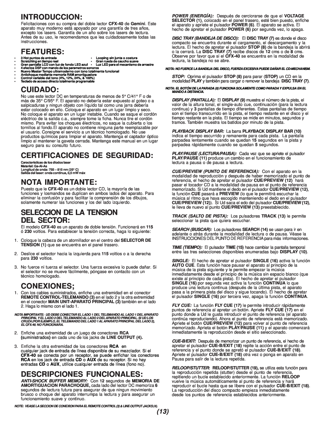 Gemini CFX-40 Introduccion, Cuidado, Certificaciones De Seguridad, Nota Importante, Seleccion De La Tension Del Sector 