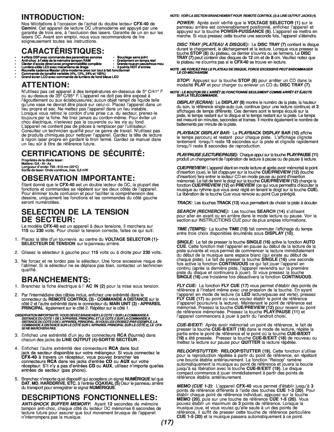 Gemini CFX-40 Caractéristiques, Certifications De Sécurité, Observation Importante, Selection De La Tension De Secteur 