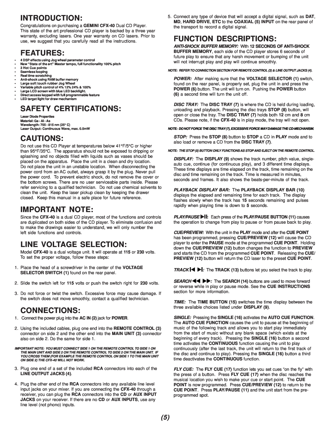 Gemini CFX-40 Introduction, Features, Safety Certifications, Function Descriptions, Cautions, Important Note, Connections 