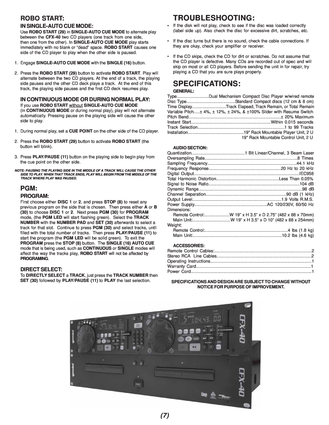 Gemini CFX-40 manual Troubleshooting, Specifications, Robo Start 