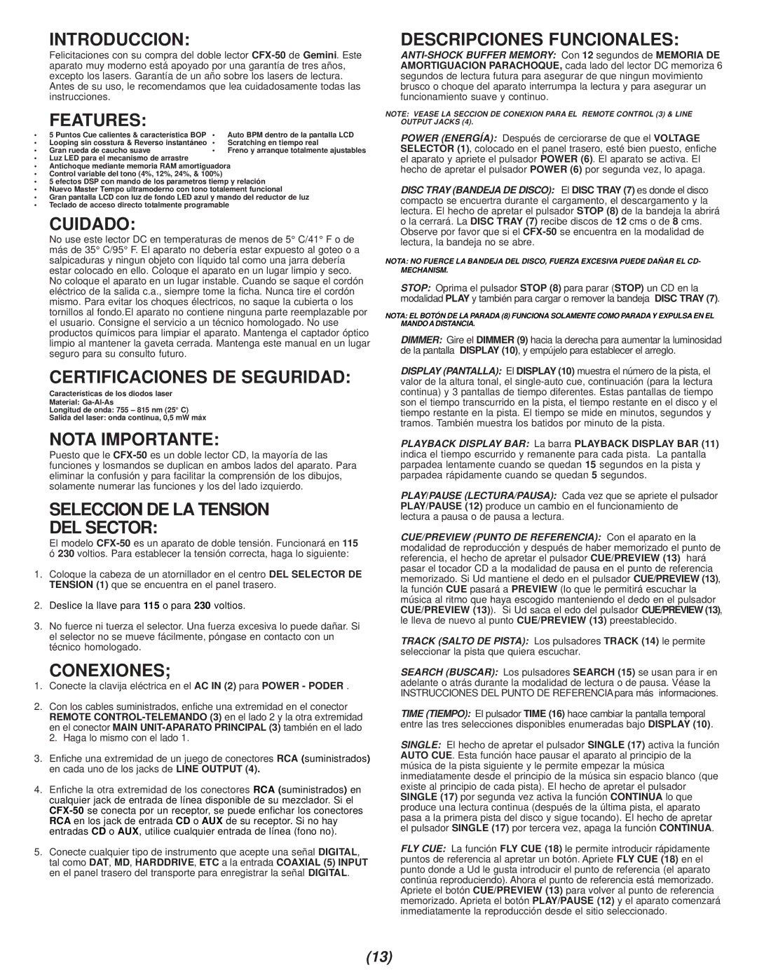 Gemini CFX-50 Introduccion, Cuidado, Certificaciones DE Seguridad, Nota Importante, Seleccion DE LA Tension DEL Sector 